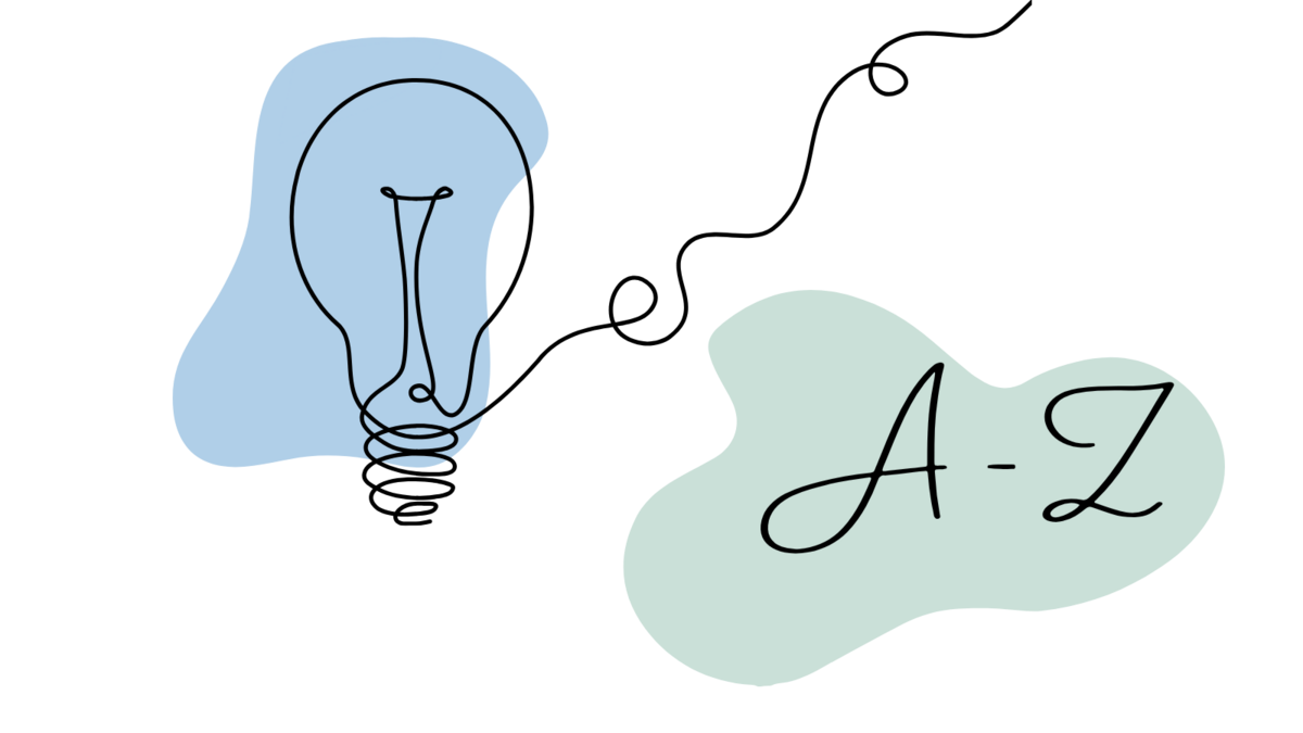 Skizzenhafte Linienzeichnung einer Glühbirne mit den Buchstaben 'A-Z' daneben vor abstrakten Farbflächen.