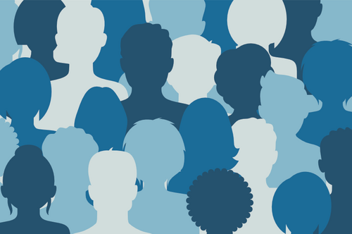 Silhouetten einer vielfältigen Gruppe von Personen in verschiedenen Blautönen ohne erkennbare Gesichter oder Details.