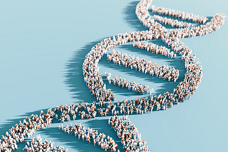 Illustration einer Menschengruppe, die die Struktur einer DNA-Doppelhelix formt. 
