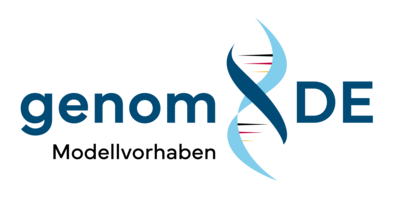 Logo des genomDE Modellprojekt: Schriftzug mit stilisierter DNA-Doppelhelix zwischen 'genom' und 'DE'. 