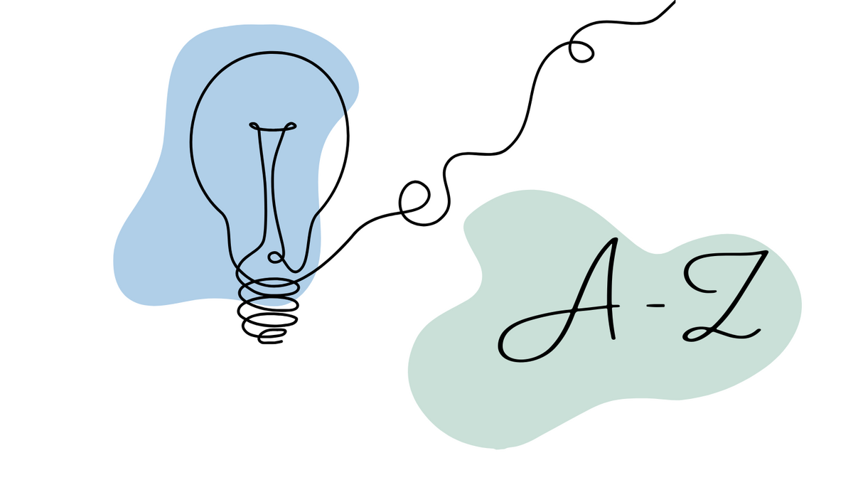 Skizzenhafte Linienzeichnung einer Glühbirne mit den Buchstaben 'A-Z' daneben vor abstrakten Farbflächen. 