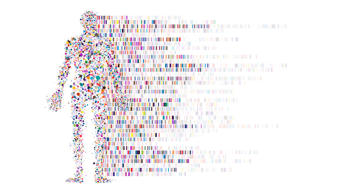 Silhouette eines menschlichen Körpers aus vielen bunten Punkten, die sich nach rechts in kleine rechteckige Datenstreifen auflösen