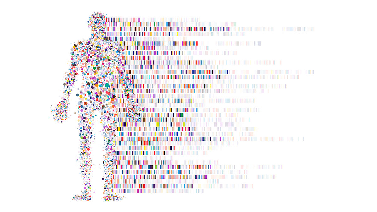 Silhouette eines menschlichen Körpers aus vielen bunten Punkten, die sich nach rechts in kleine rechteckige Datenstreifen auflösen